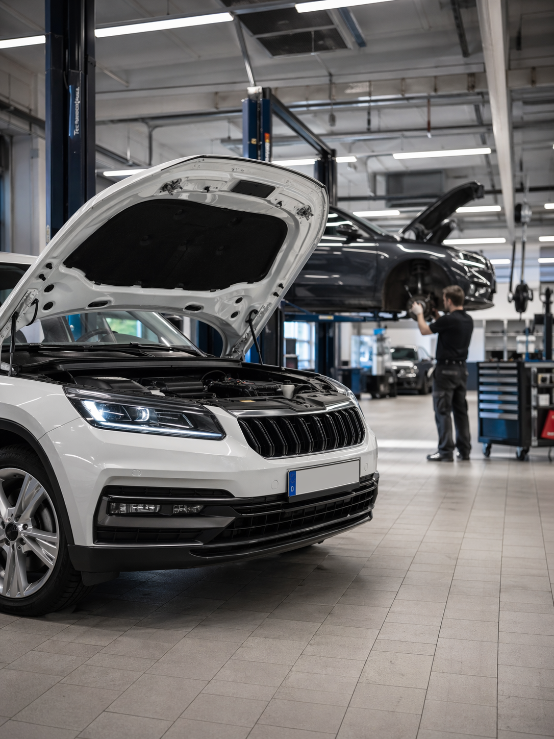Intérieur d’un atelier automobile lumineux avec sol carrelé, un SUV blanc capot ouvert au premier plan, un véhicule sur pont élévateur à l’arrière et un mécanicien en intervention dans un garage de contrôle technique.