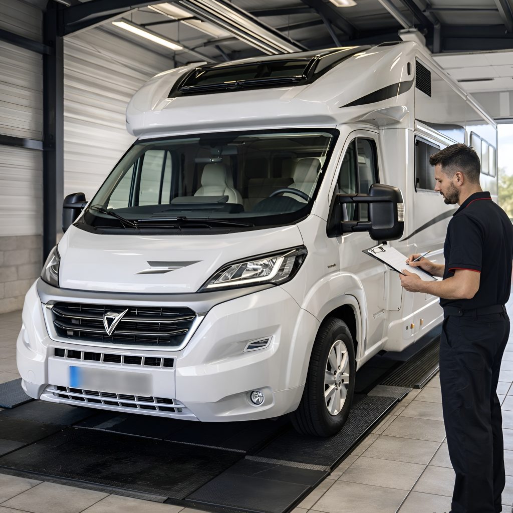 Camping-car blanc dans un centre de contrôle technique avec technicien réalisant une vérification sur place