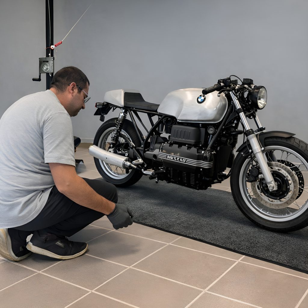 Technicien réalisant un contrôle technique sur une moto BMW dans un centre de contrôle technique
