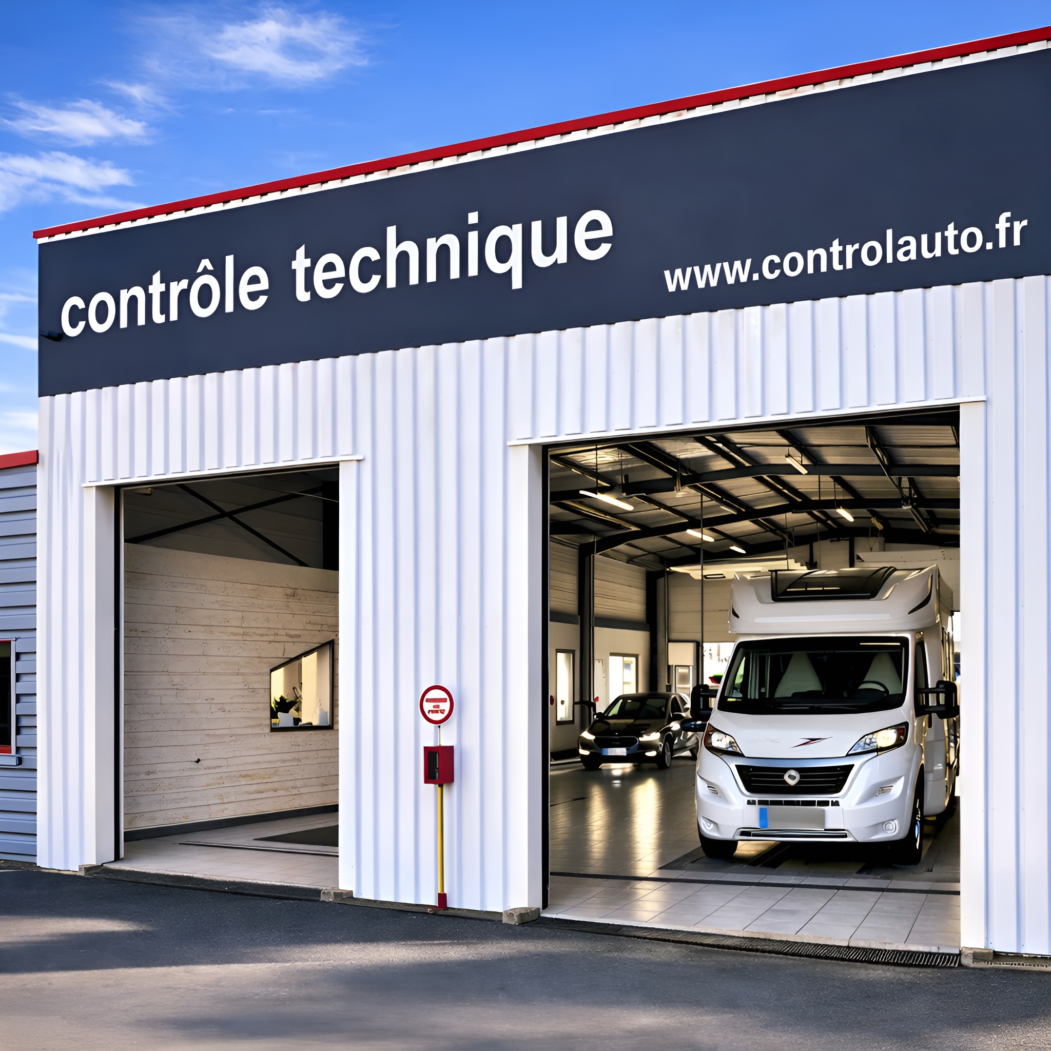 Centre de contrôle technique avec camping-car pris en charge dans le bâtiment et façade extérieure visible