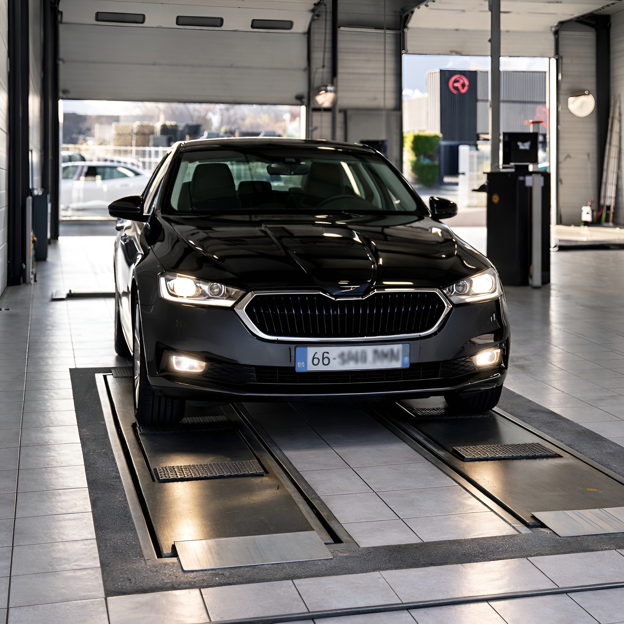 Voiture noire sur ligne de contrôle dans un centre de contrôle technique automobile