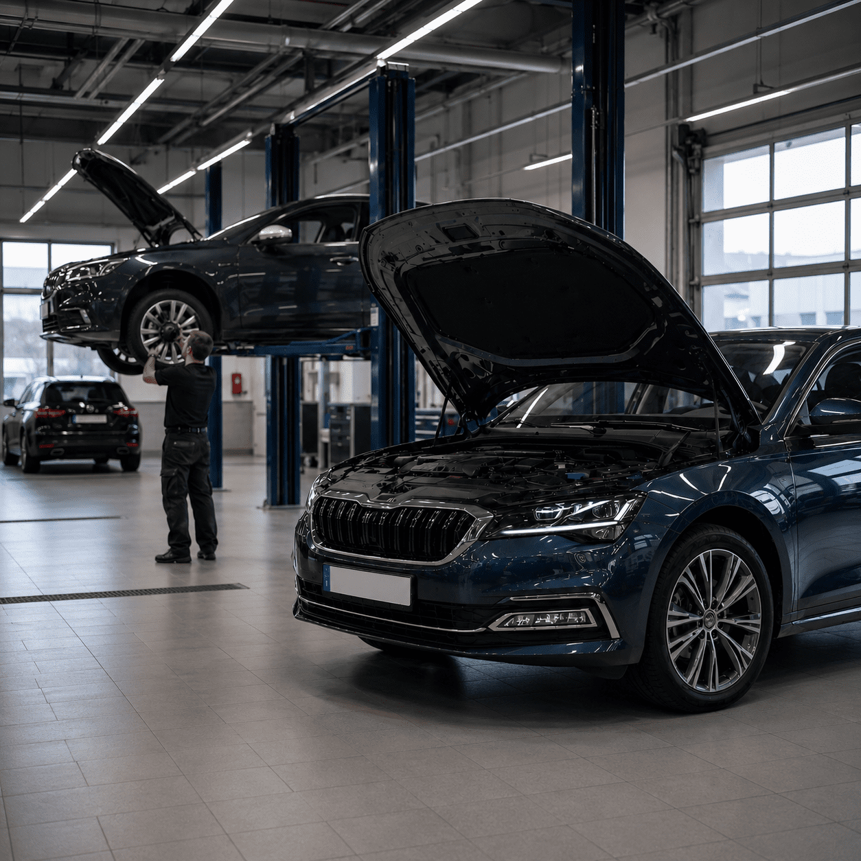Atelier de contrôle technique automobile avec deux voitures en cours d’inspection visuelle, sous l’éclairage d’un garage professionnel, dans un environnement propre et moderne.